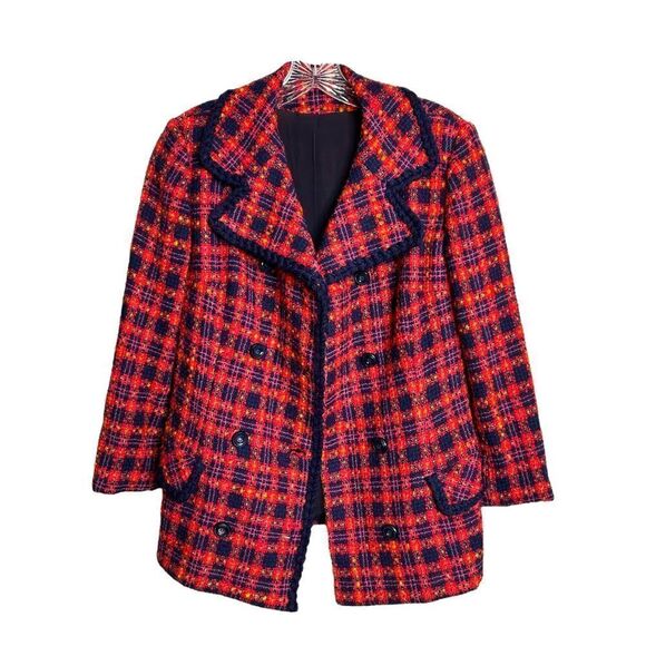 Taylor Brooke Wool Peacoat Double Breasted Red Plaid Tweed Button Women M - Picture 3 of 9